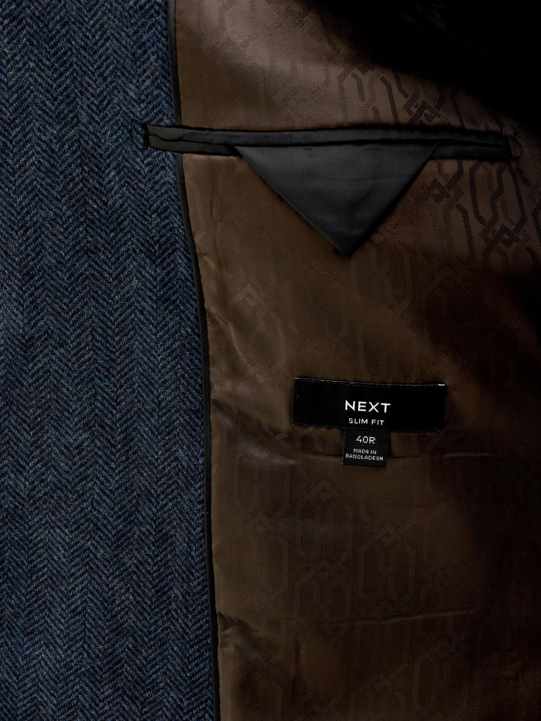 Blauw - Slim Fit - Blazer met visgraatmotief en hoog wolgehalte