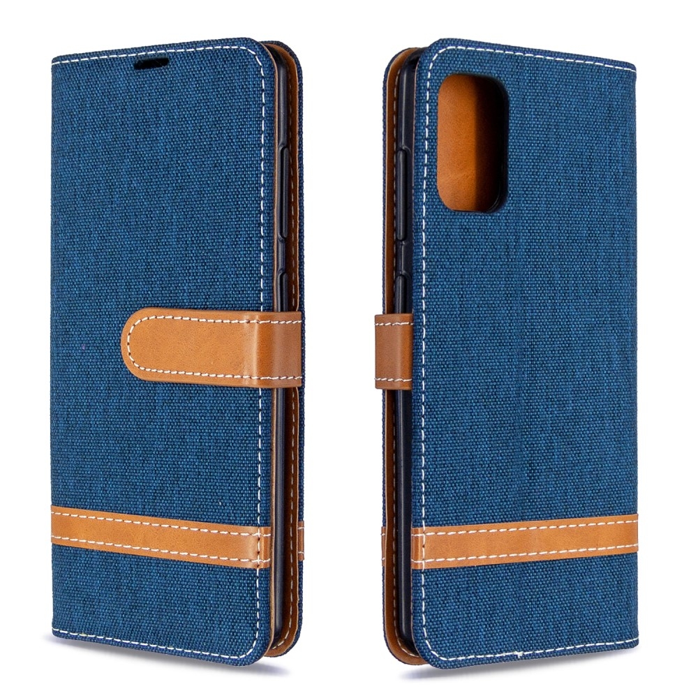 Samsung Galaxy A41 Stoff Tasche im Jeans Look mit Kartenfach   Magnetverschluss - Dunkelblau / Braun