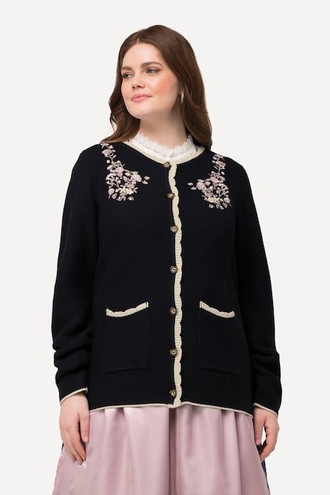 Trachten-Strickjacke, Blütenstickerei, Rundhals, Langarm