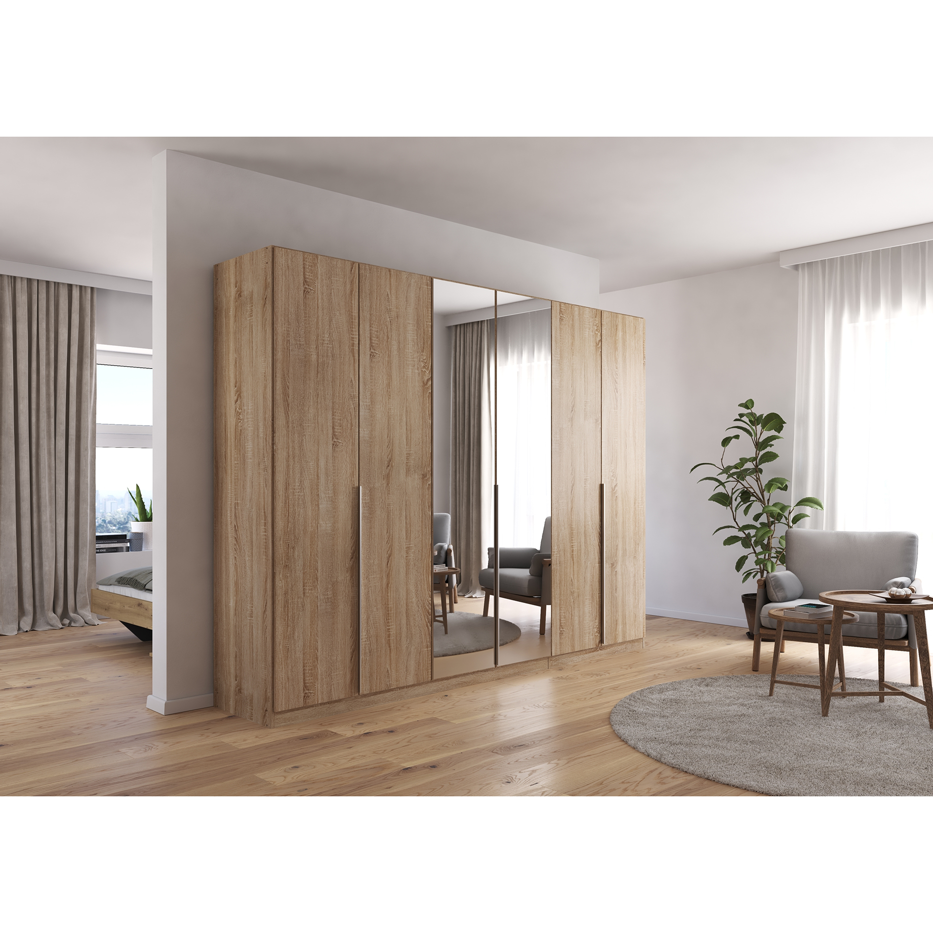 Drehtürenschrank - Sonoma Eiche - Kristallglasspiegel - 6-türig - 271x210 cm