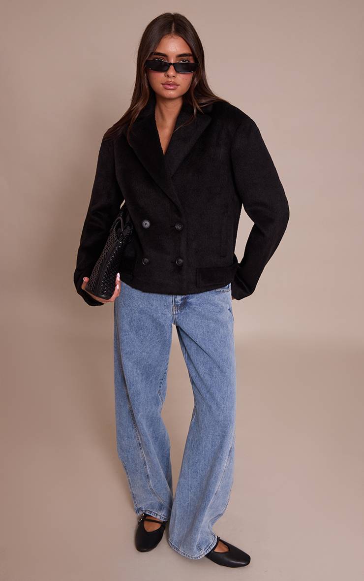 Noir Manteau Trench Court En Laine Brossée