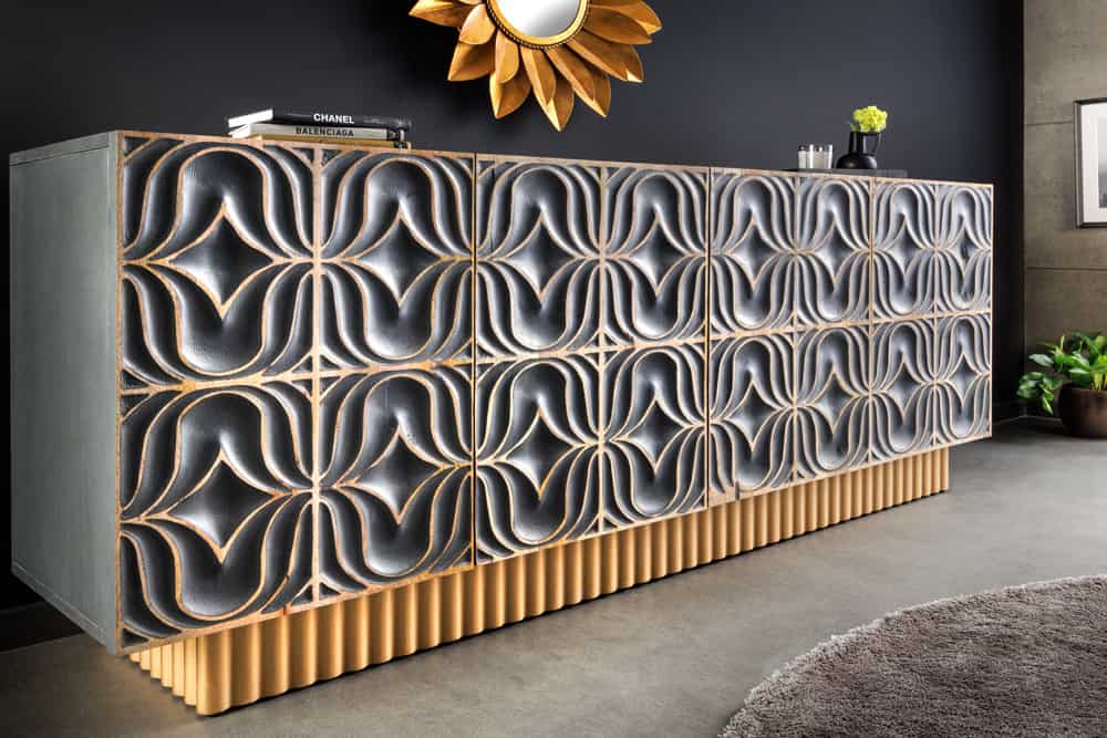 Handgefertigtes Sideboard PIAZZA SAN MARCO 180cm grau gold Mangoholz massiv 3D-Design