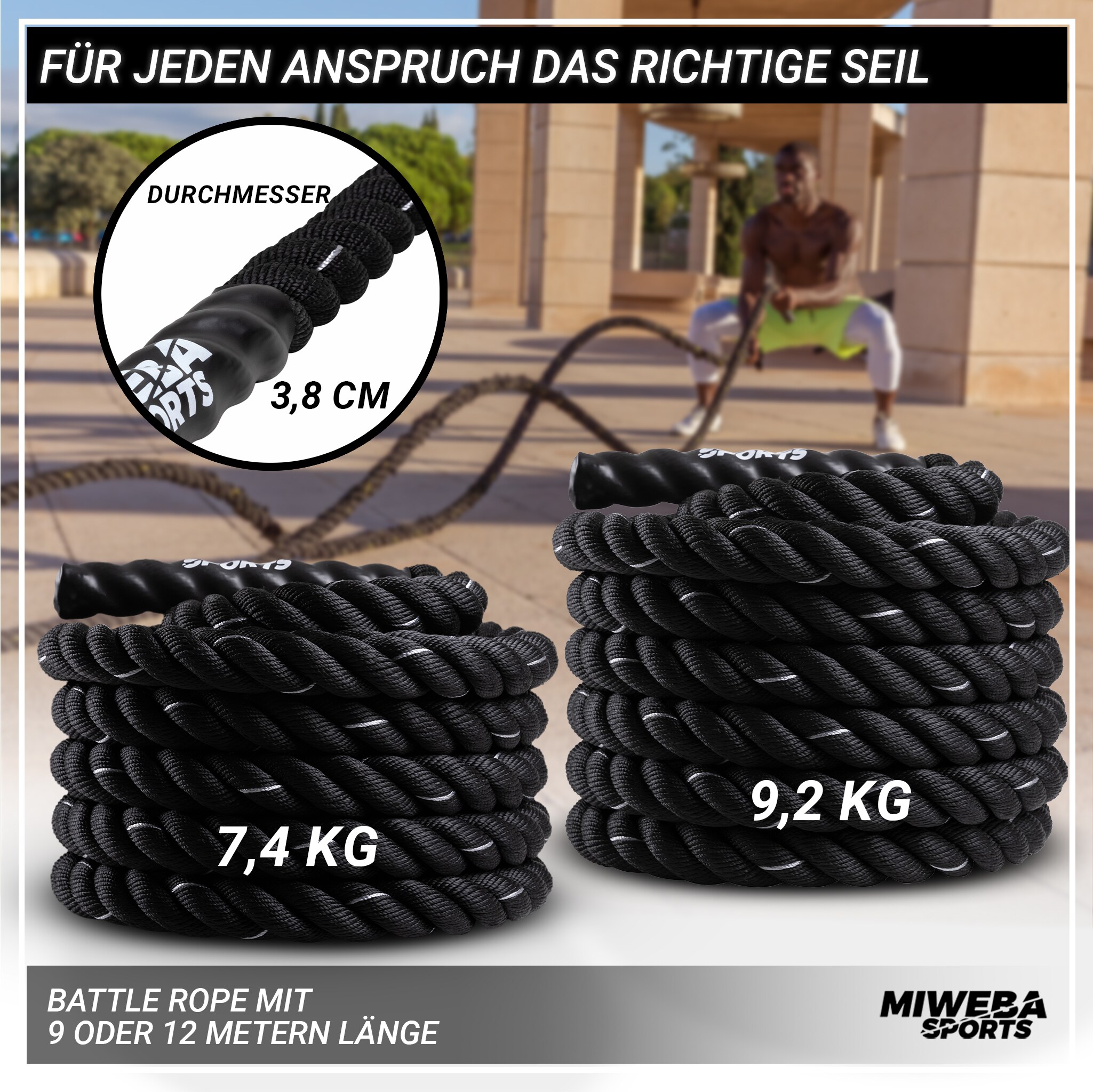 Miweba Sports Battle Rope BR100, 9 oder 12 m langes Trainingsseil, 3-Strang Twisted-Design, Ø 4 cm (9,0 m)
