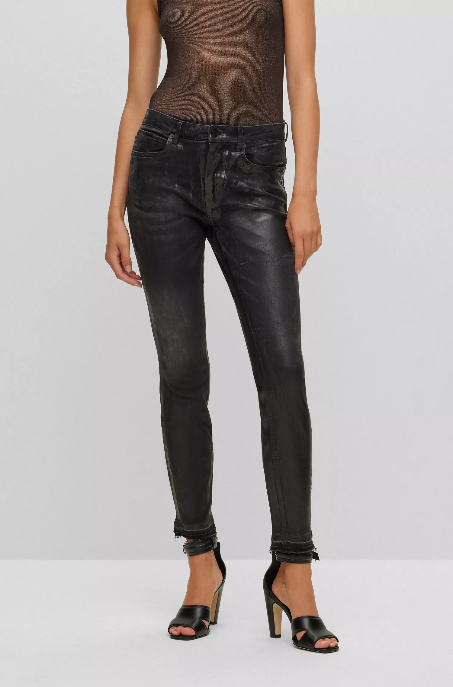 Calça jeans cropped BOSS laranja de cintura média em denim stretch preto