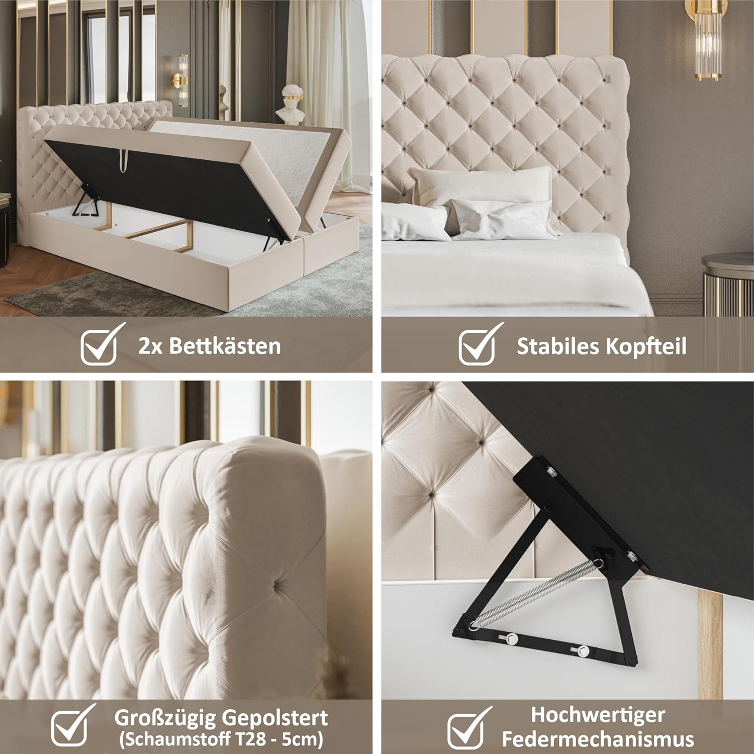 Nero Chesterfield Boxspringbett 140x200 mit Bettkasten und Topper, Polsterbett 140x200 mit Bettkasten, Bonell-Matratze (H4), Visco Topper (H2), Samt, Schwarz