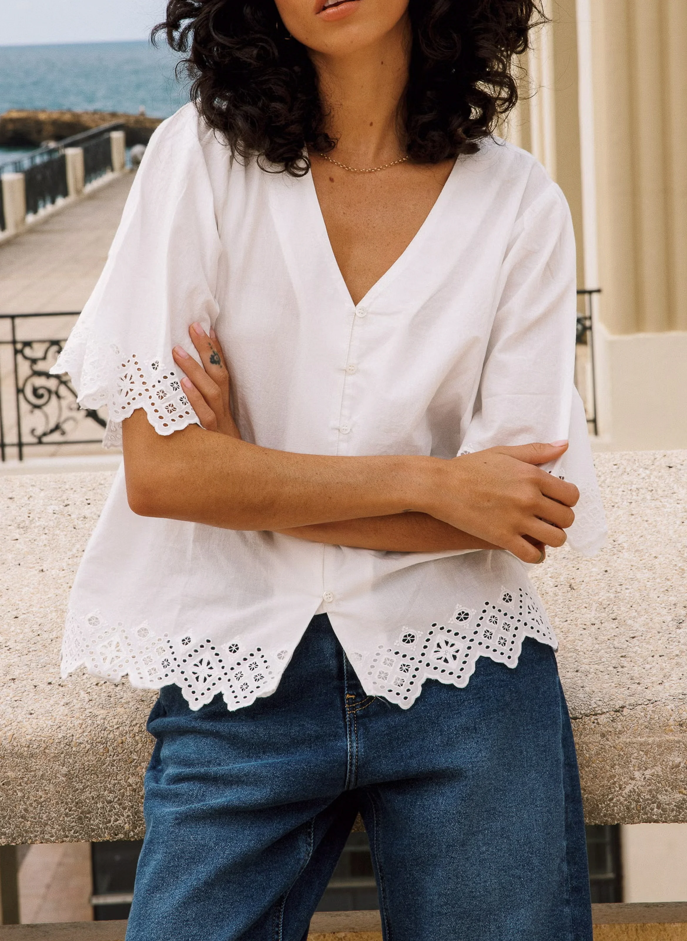 Blouse col V en coton | Blanc