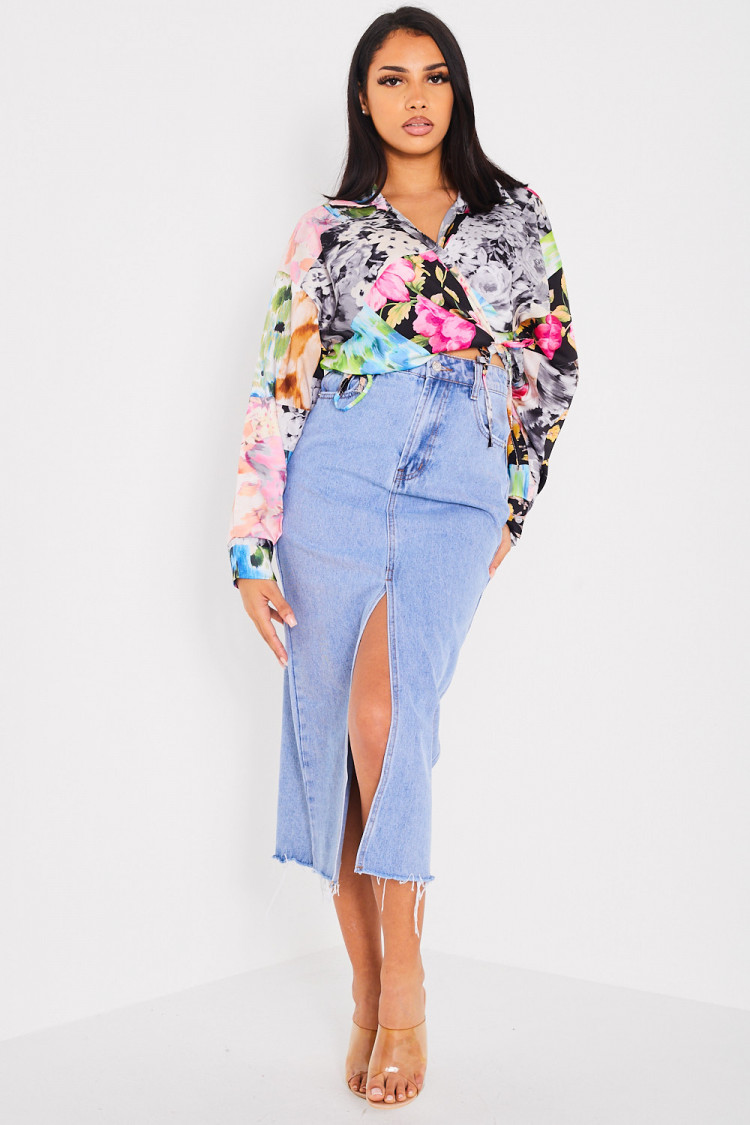 Jupe large en jean bleu fendu