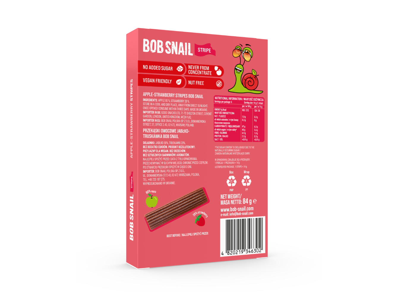 TIRAS DE FRUTA BOB SNAIL MAÇÃ E MORANGO 84 G