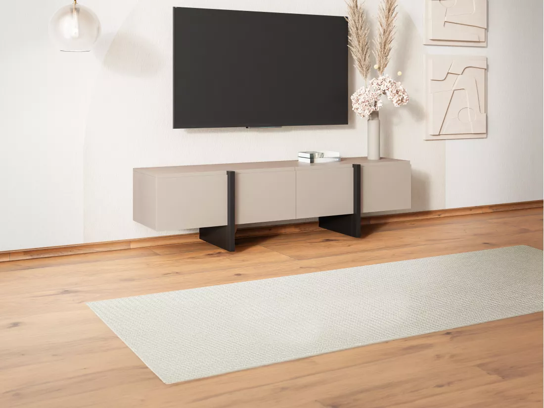 Meuble TV avec 4 portes en MDF - Beige et Noir - LUVONIA