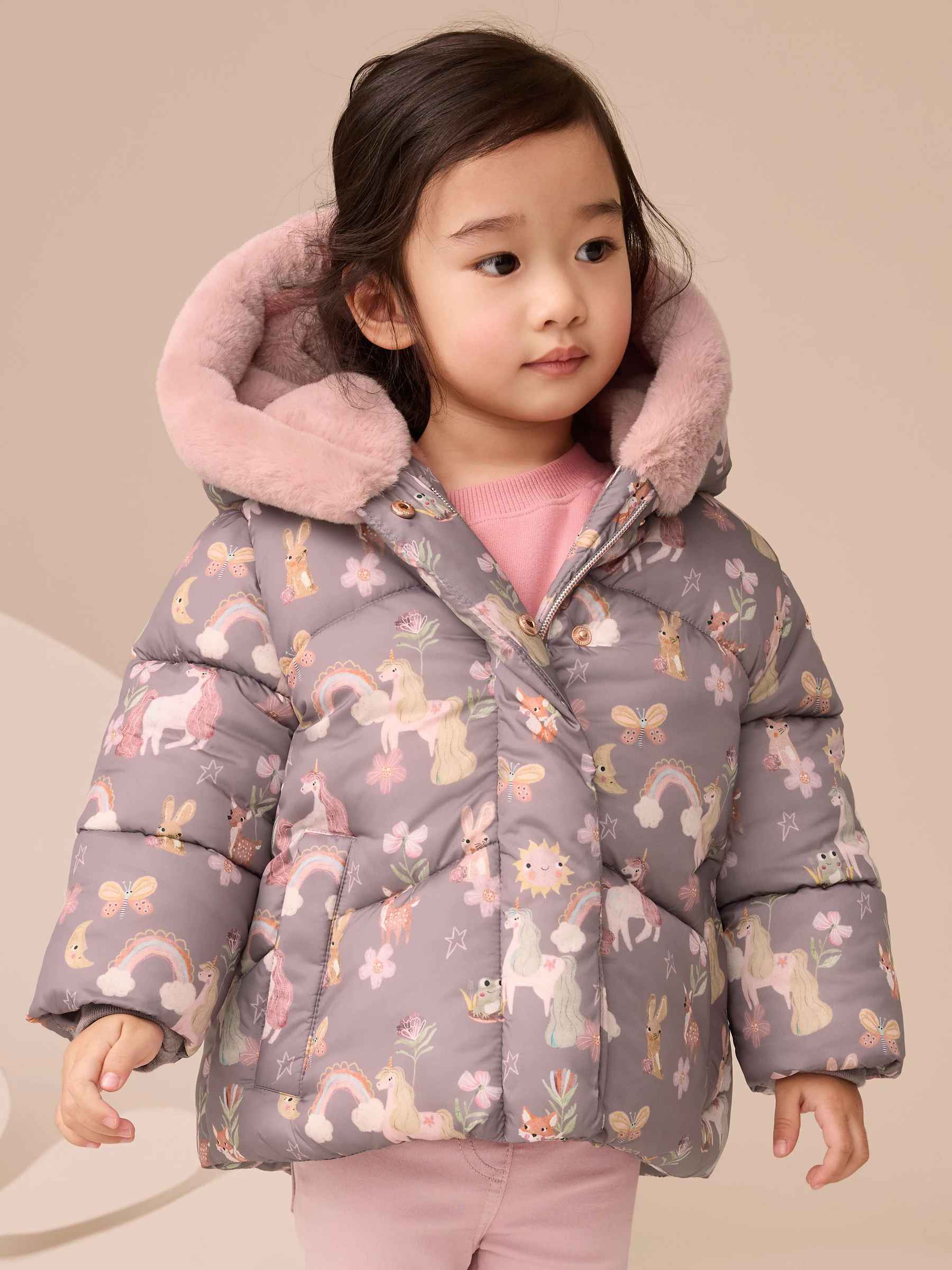 Damson Unicorn - Regenbestendige gewatteerde jas met imitatiebont afwerking (3mnd-7jr)