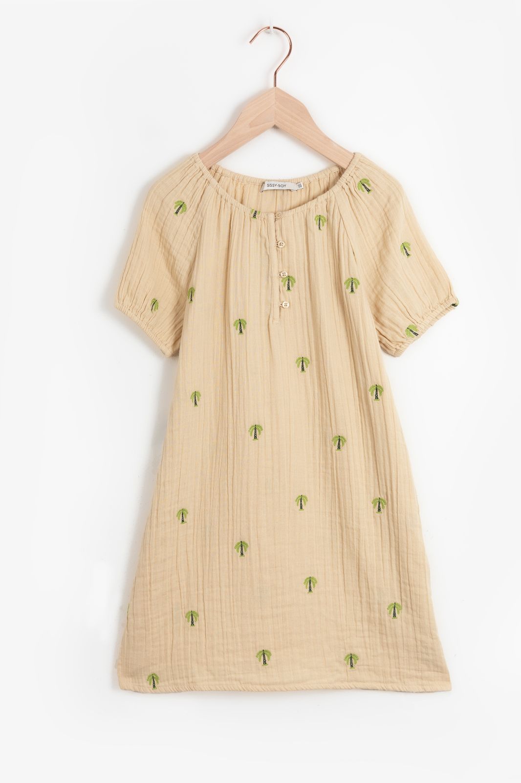 Beige wijde jurk met palmboom embroidery