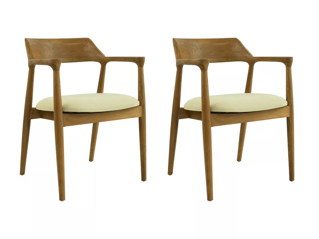 Lot de 2 chaises avec accoudoirs en teck et tissu - Naturel et crème - SOUADY