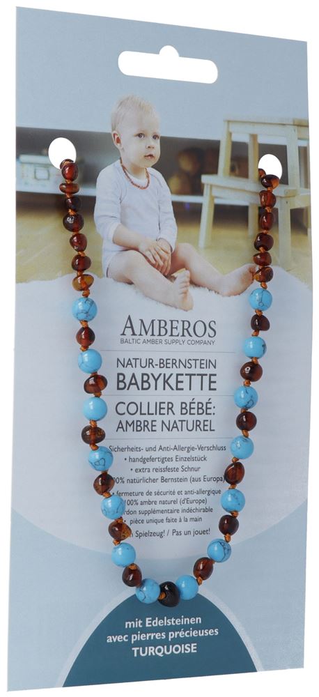 AMBEROS Natur Bernsteinkette mit Edelsteinen<br>1 Stück, Baroque Cognac Turquoise