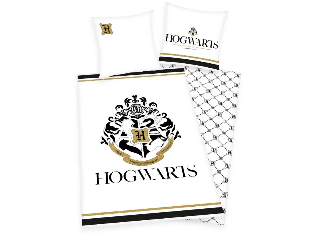 Harry Potter Hogwarts Sengetøj med guldprint - 100 procent bomuld