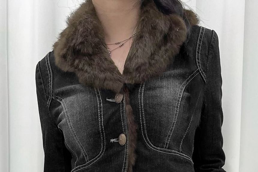 Honey River - Gewassen denim jack met kraag en imitatiebont en knopen