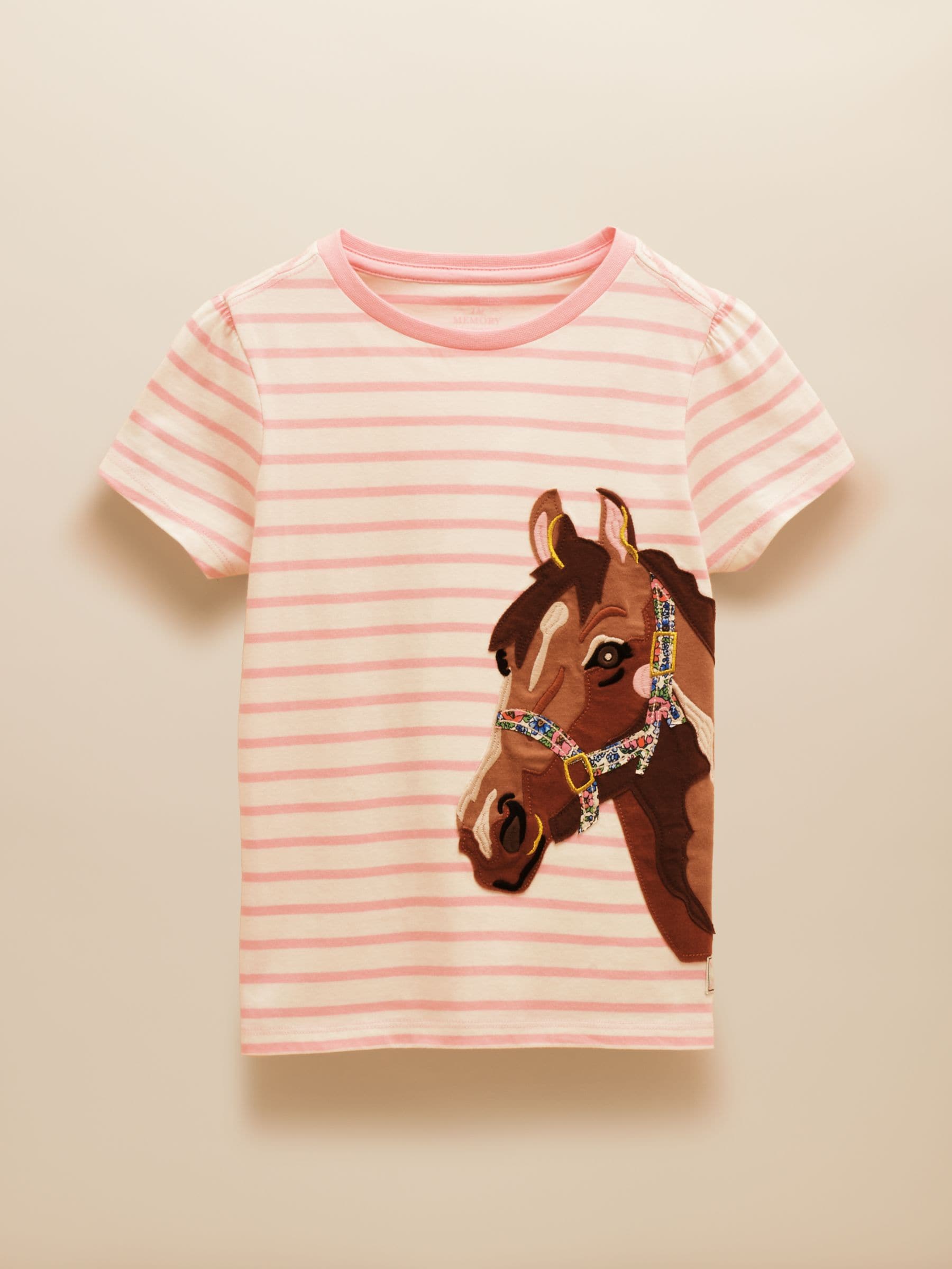 Pink Stripe Horse - Joules Girls' Astra Applique Cotton T-Shirt