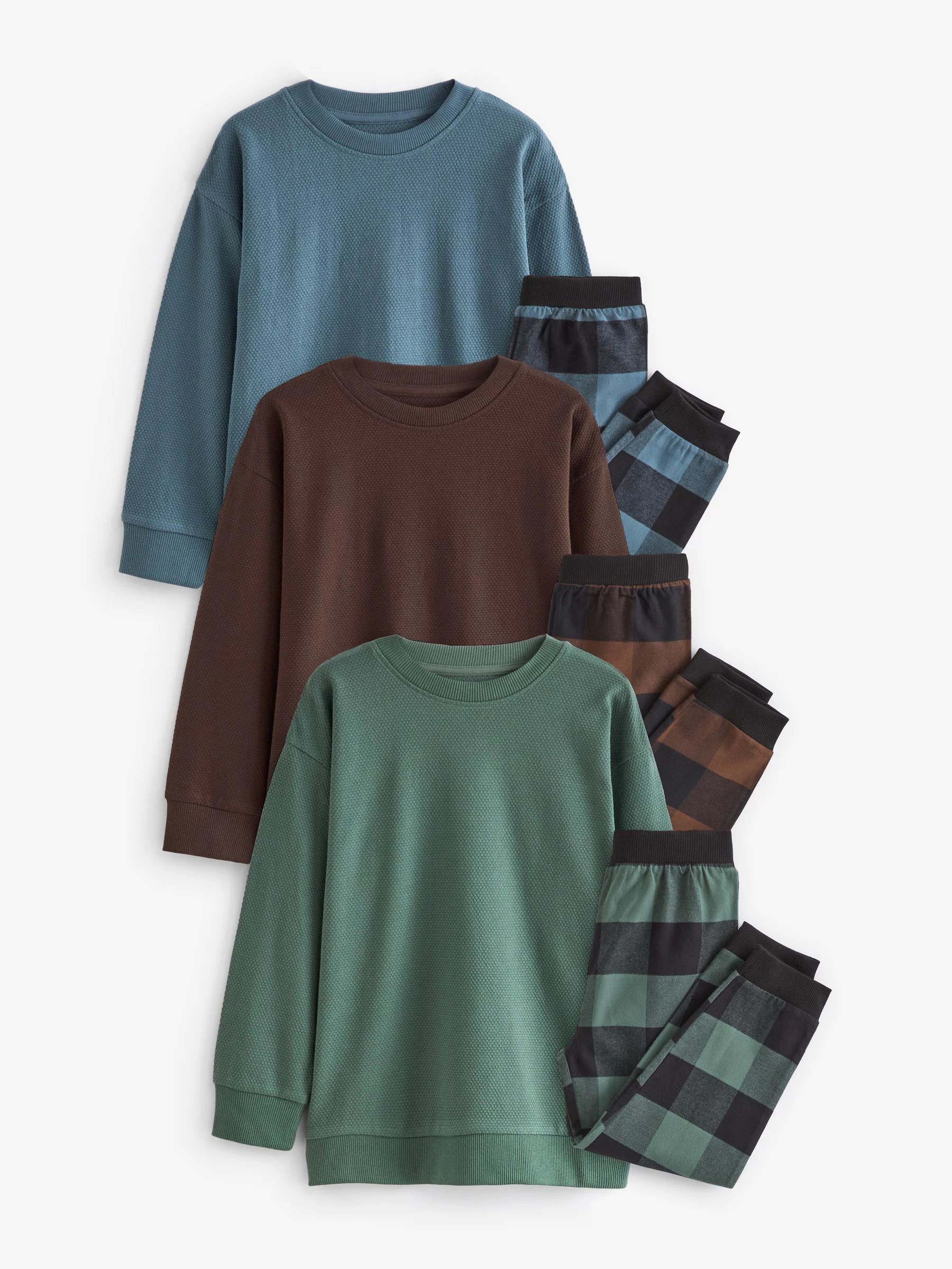 Blauw/Groen/Bruin - Verpakking van 3 geweven geruite pyjama's (3-16 jr)