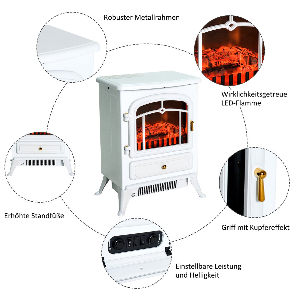 HOMCOM Elektrische haard, vlameffect, 950/1850W, oververhittingsbeveiliging, nylon, 41,5 x 28 x 54,8 cm, metaal, kunststof, wit