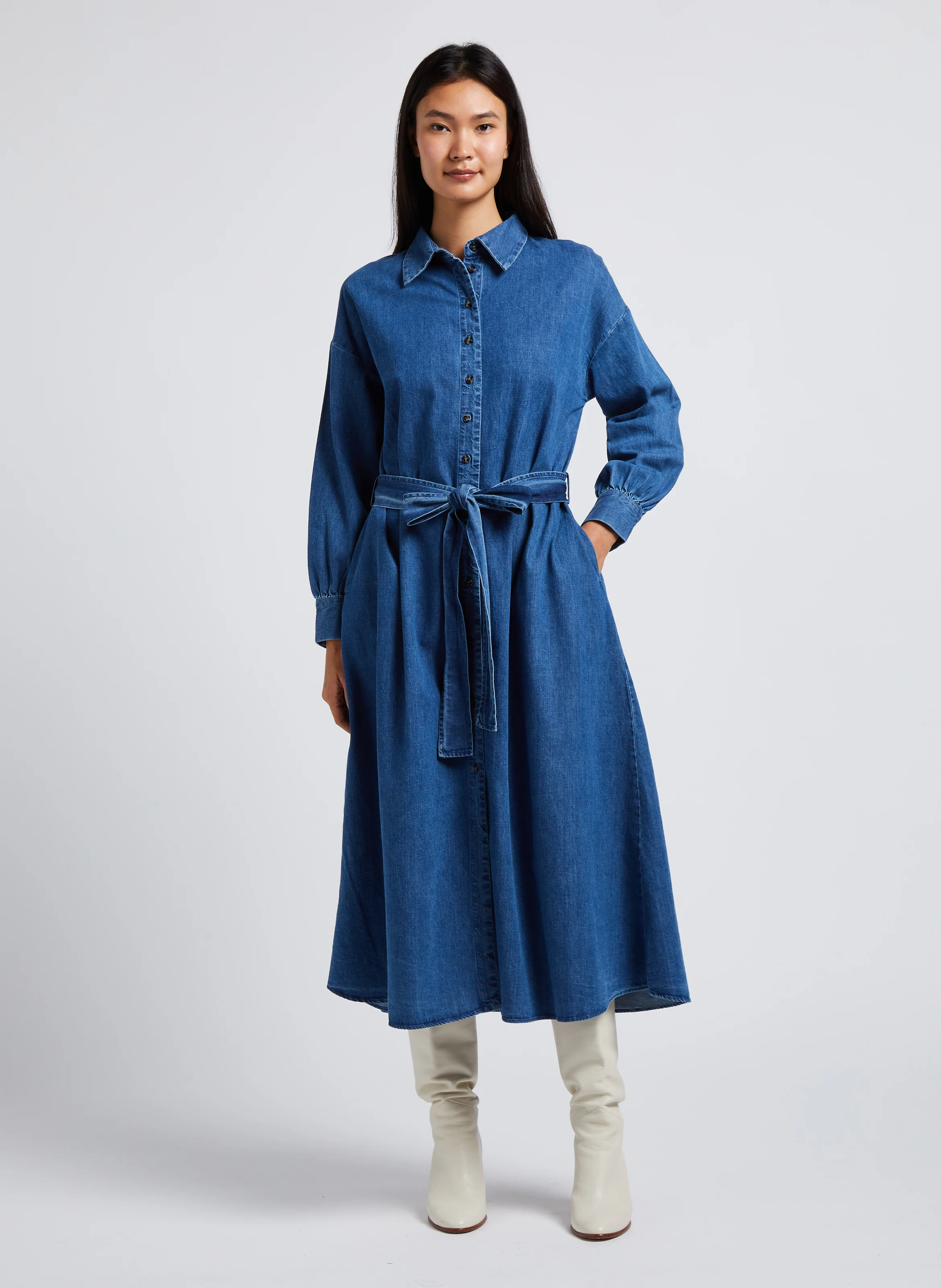 HOLLI - Robe chemise longue en coton | Bleu
