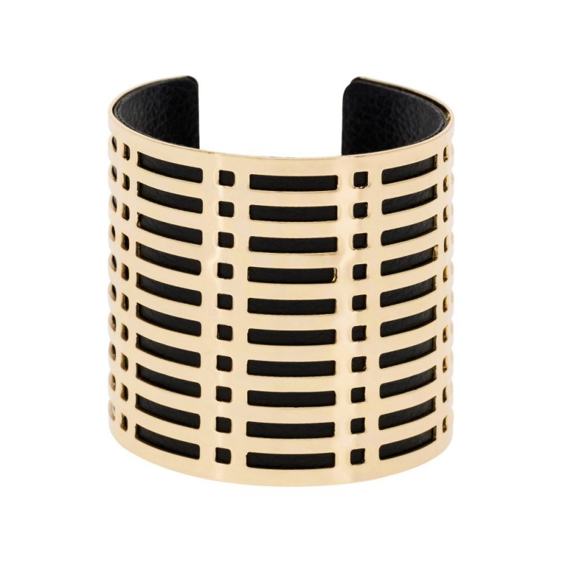 Bracelet manchette COLOMBO finition dorée simili cuir noir