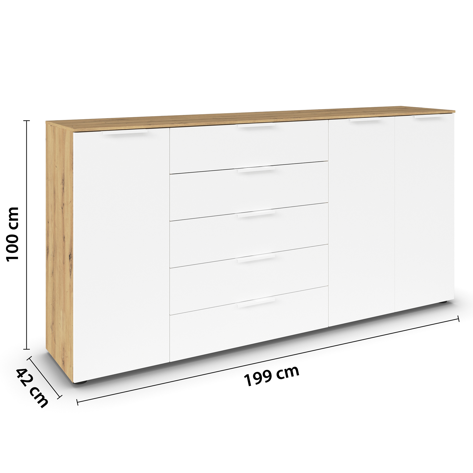 Kommode - Artisan Eiche-alpinweiß - weiße Griffe - 199 cm