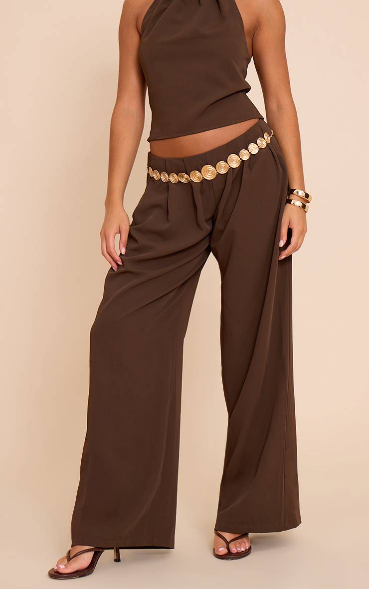 Marron Foncé Pantalon Large Taille Basse Plissé En Tissu Tissé