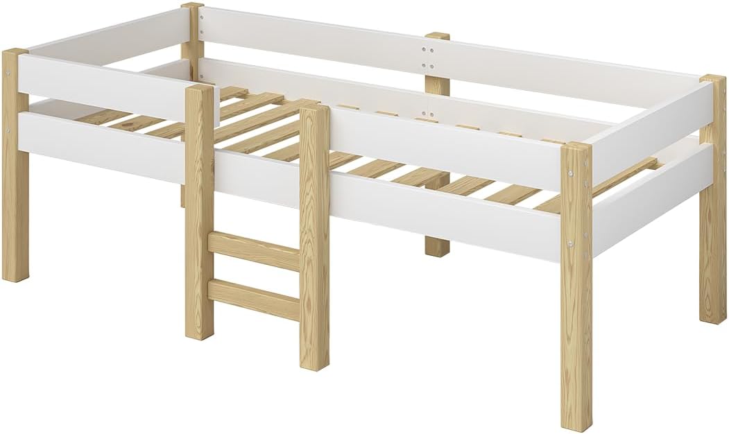 Bellabino Aspy Kinderbett 90x200 cm – Hochbett mit Rausfallschutz & Lattenrost – Halbhochbett mit Leiter aus Kiefer Massivholz in Weiß/Natur – Jugendbett für Jungen und Mädchen