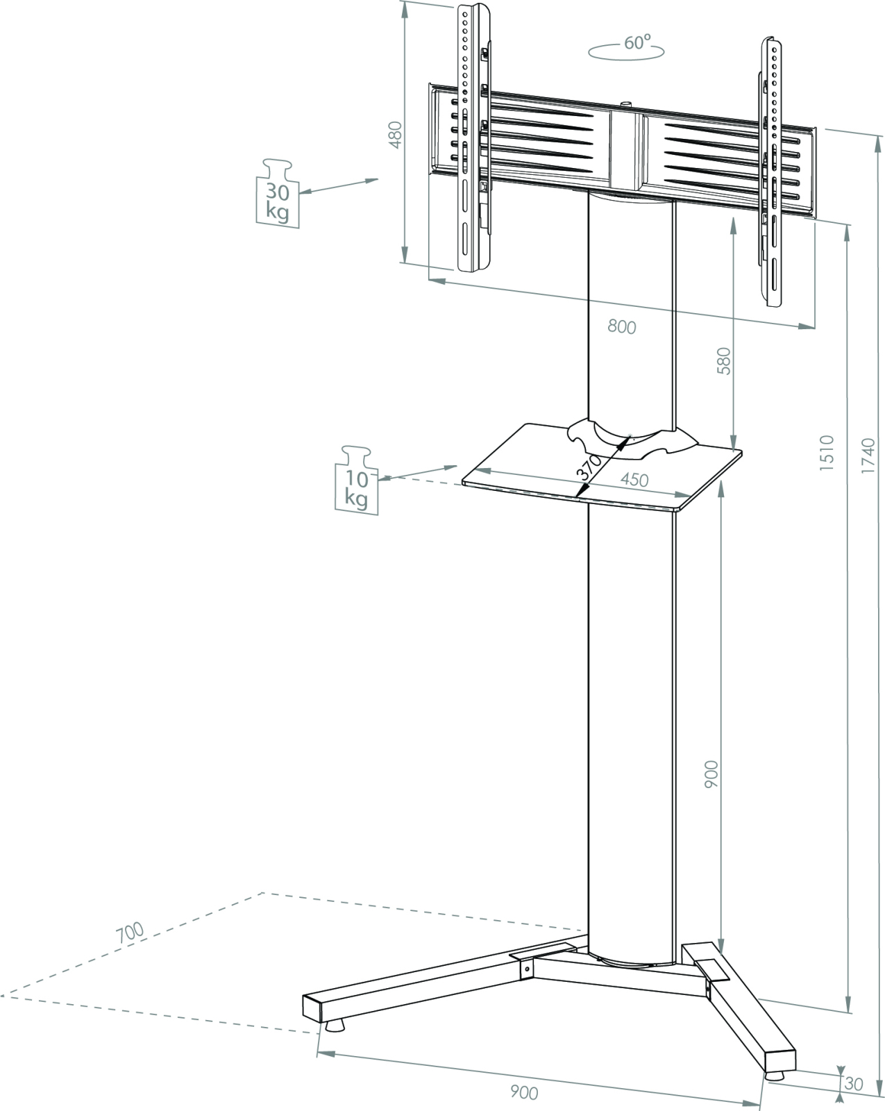 TV-Standfuß STADINO MAXI - silber-Schwarzglas - mit Ablage