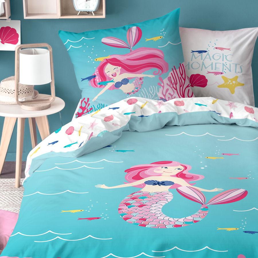 MTOnlinehandel Bettwäsche Kinder-Bettwäsche, Flanell, 80x80 + 135x200 Meerjungfrau