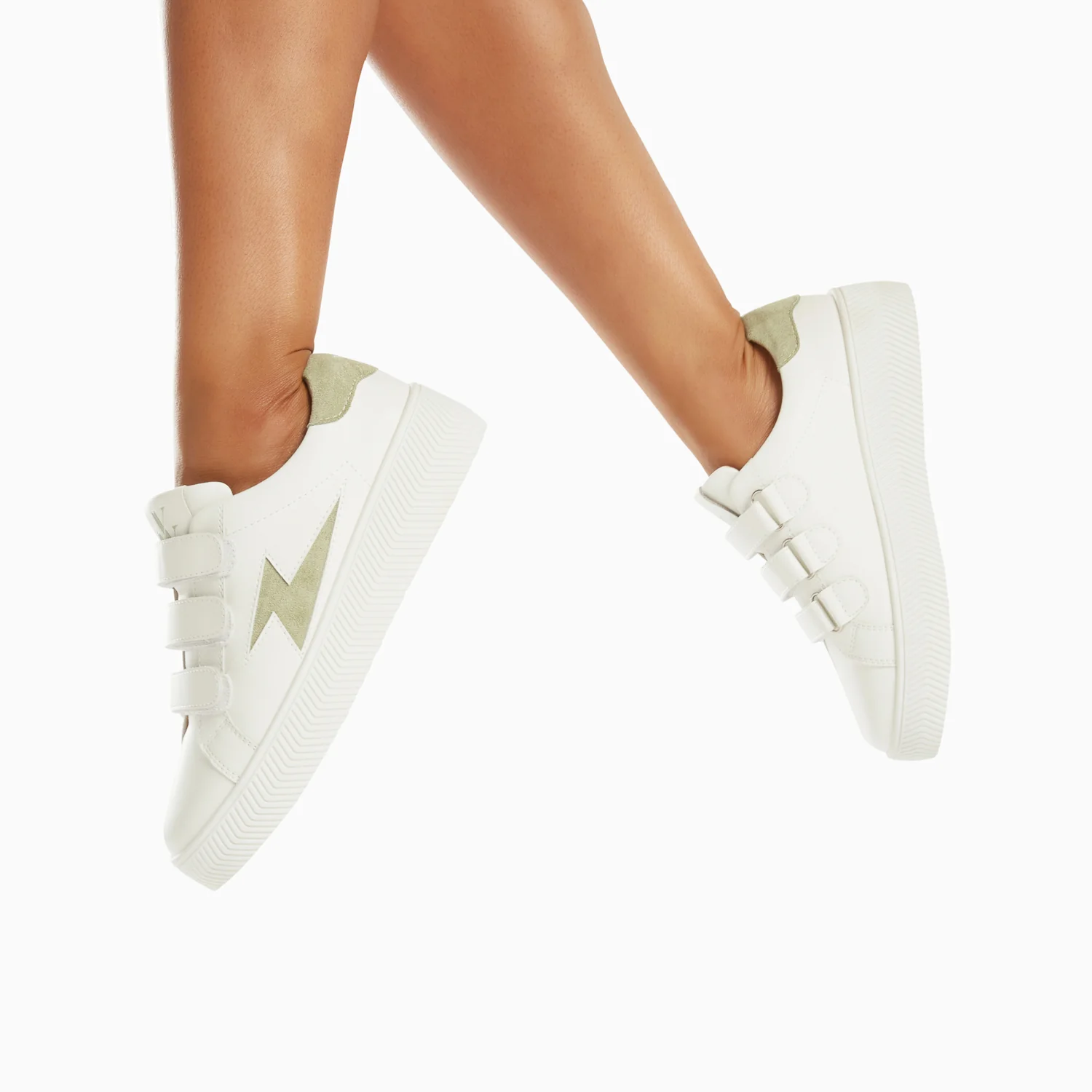 Sneakers-Baskets éclair Camelia blanc et vert amande à scratchs