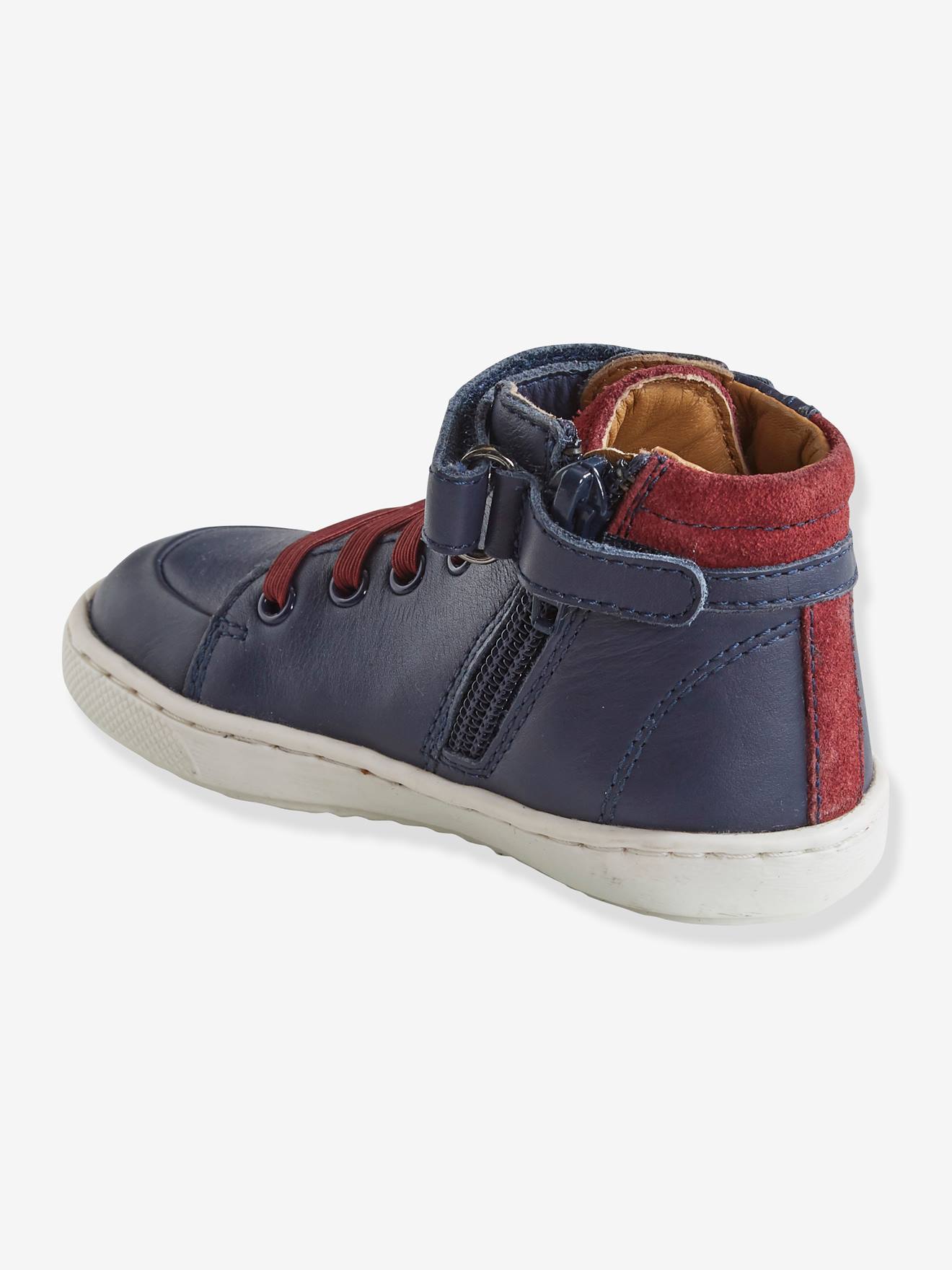 Tênis de cano alto em couro para bebê menino, azul escuro liso com estampas.