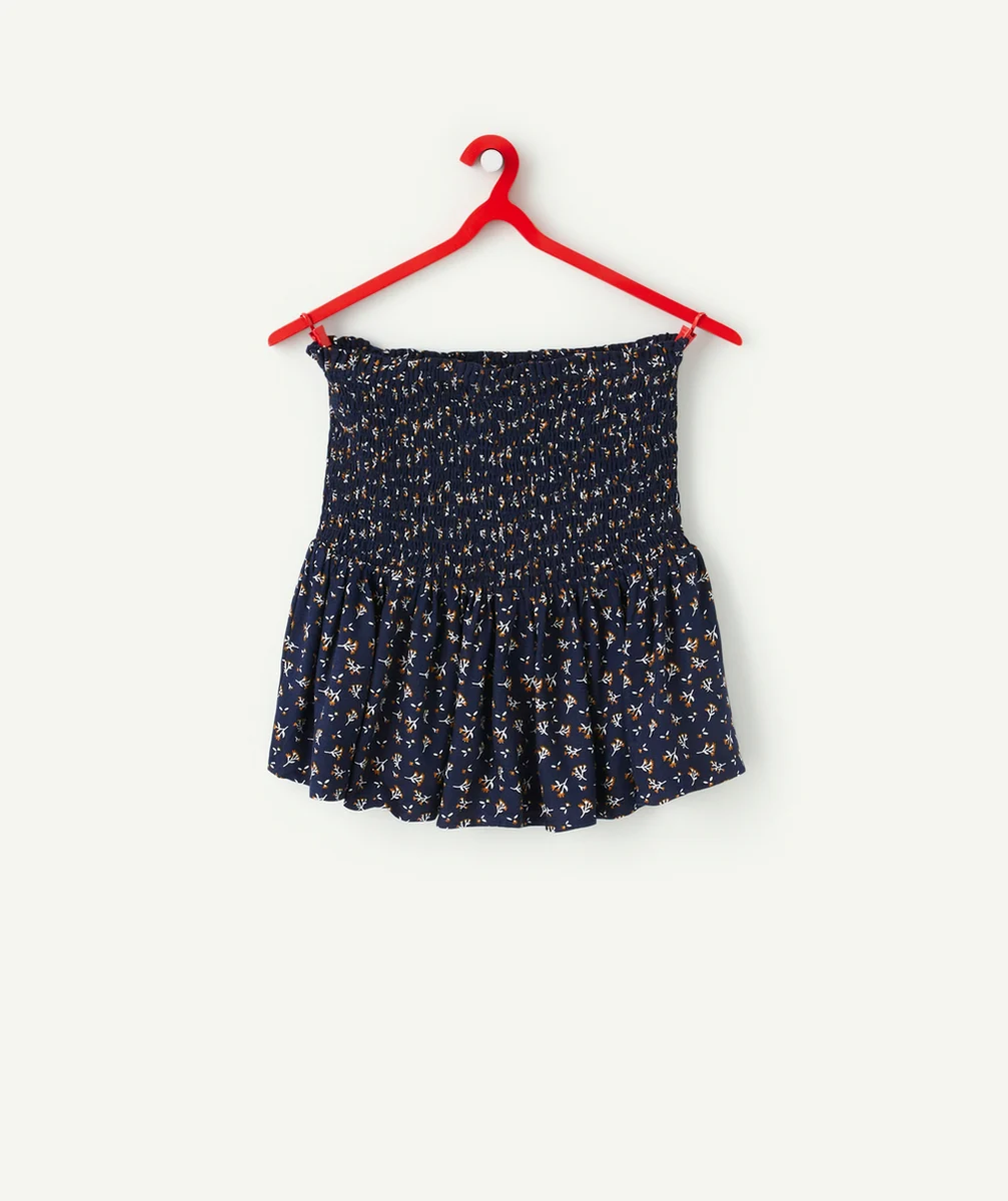 JUPE ÉLASTIQUÉE FILLE BLEU MARINE EN VISCOSE RESPONSABLE IMPRIMÉ FLEURI