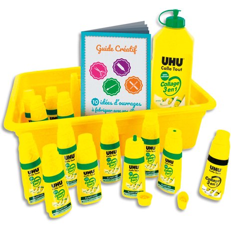 Colle uhu twist&glue extra forte transparente multi-matériaux coffret scolaire 12 flacons pleins+1 recharge