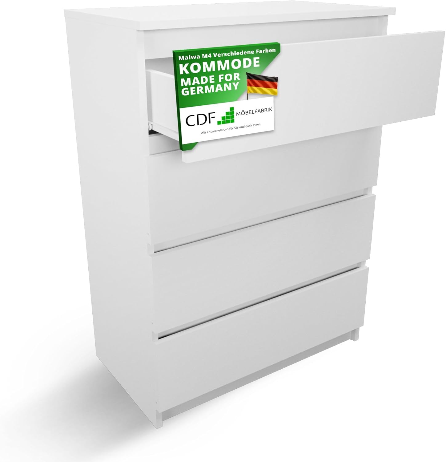 CDF Kommode Weiß mit 4 Schubladen 97 cm Hoch Sideboard Schmale Komode Schlafzimmerkommode für Flur Büro Schlafzimmer Wohnzimmer Schubladenschrank Regal mit Schubladen Schrank Modernes Möbelstück