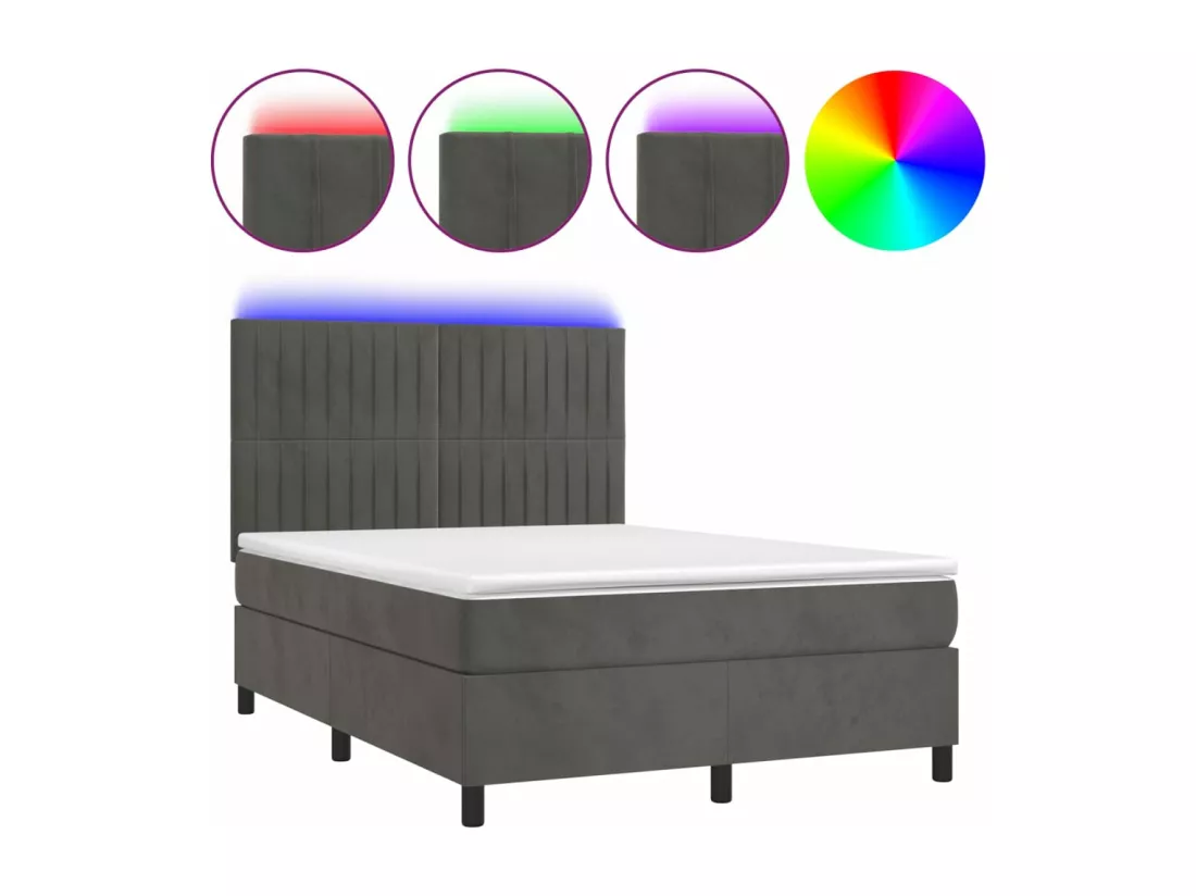 Sommier tapissier matelas et LED Gris foncé 140x190 cm Velours
