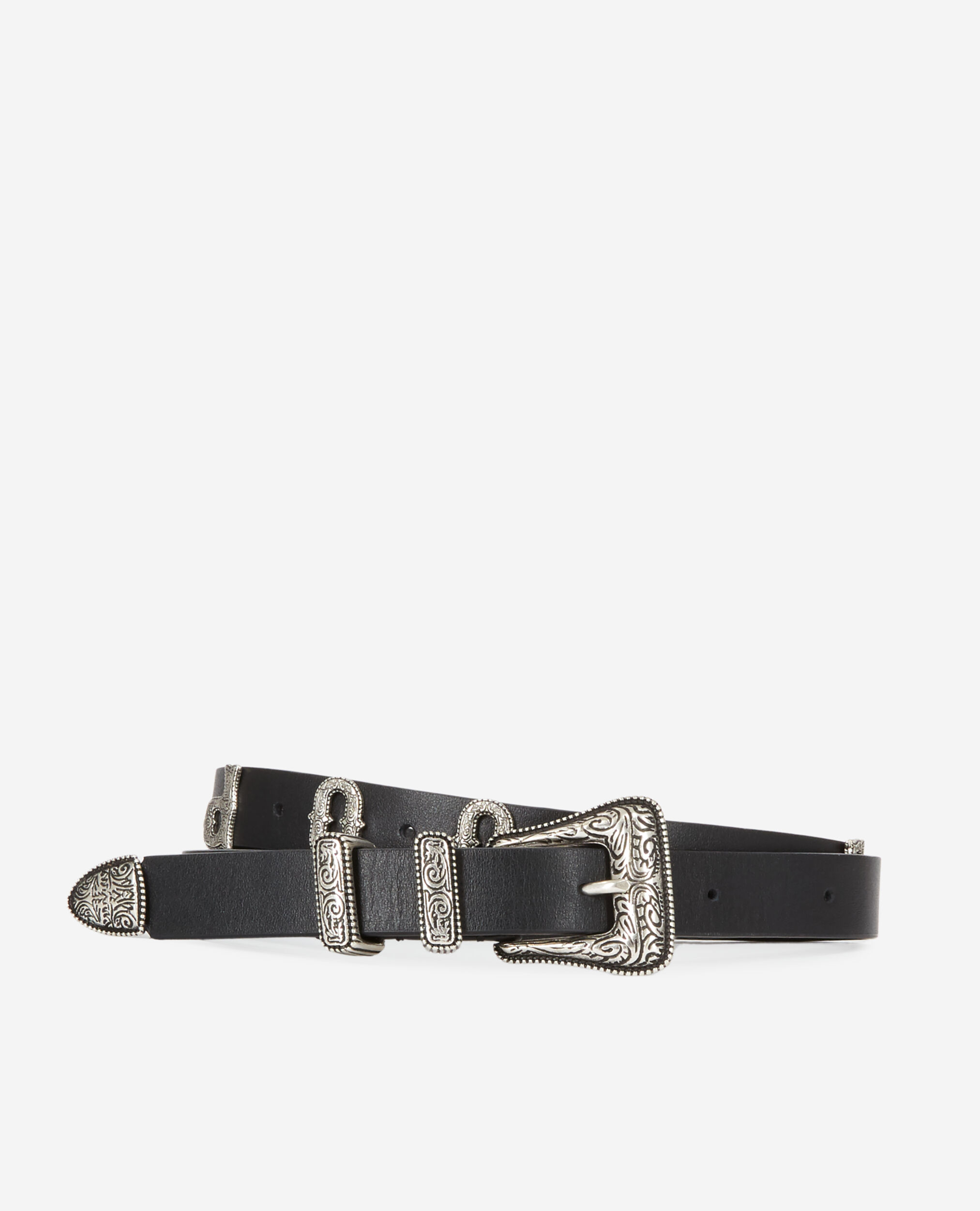 Ceinture fine noire avec logo et boucle Western