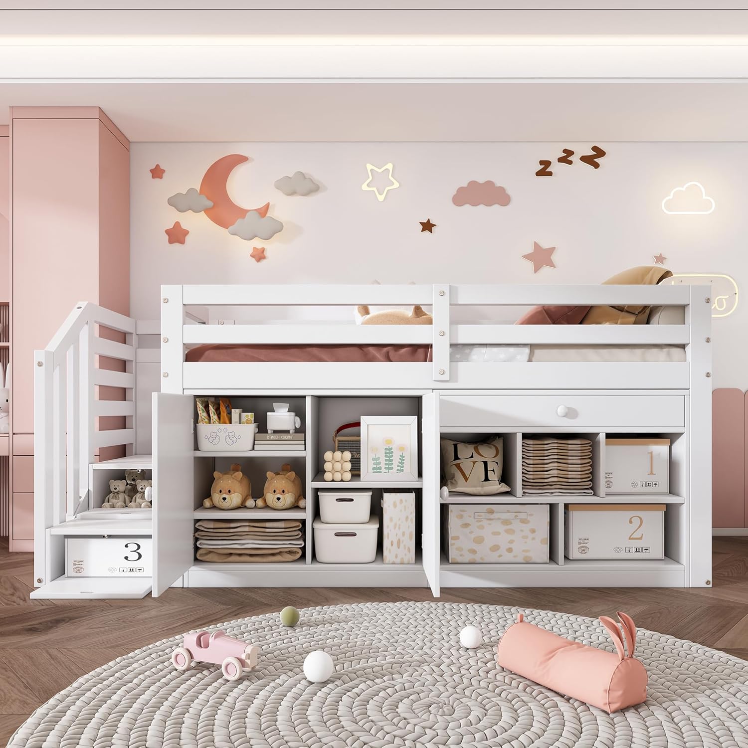 Kinderbett 90x200 Einzelbett, Hochbett mit Stauschrank, Schreibtisch und Treppe, Regal & Schubladen & Schließfach, Holzbett Stauraumbett Funktionsbett Jugendhochbett mit Lattenrost,Ohne Matratze,Weiß