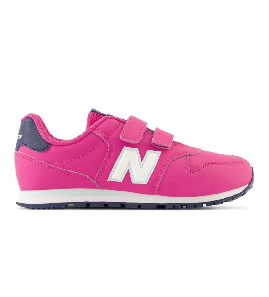 Tênis New Balance 500 com fecho de velcro, cor rosa carnaval.