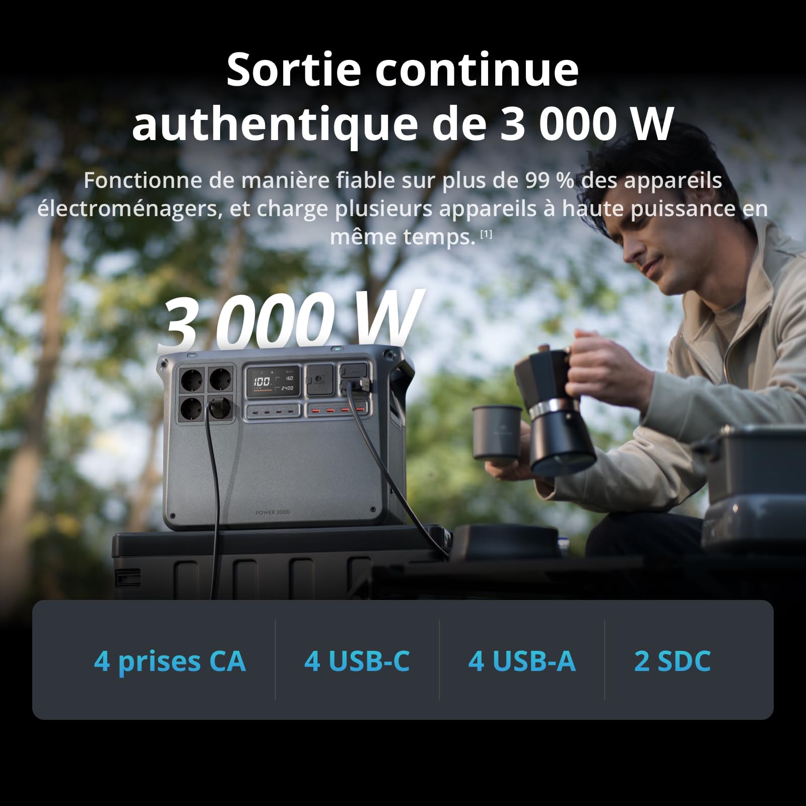 DJI Power 2000, station électrique portable 2 048 Wh (Batterie LFP), format compact, sortie stable de 3 000 W, recharge de 0–80% en 45 min, générateur