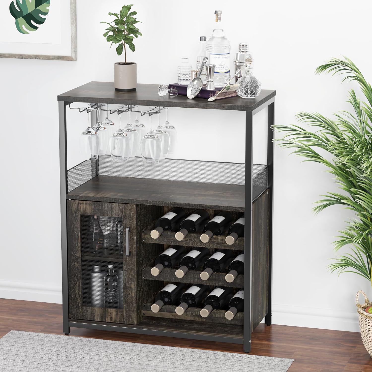 Weinschrank Industrial, Verstellbares Weinregal, Beleuchtung & Glashalter, Weinregal Mit Abnehmbarem Weinschrank Sideboard Buffetschrank Freistehend, 70x35x92 cm, Gebrannte