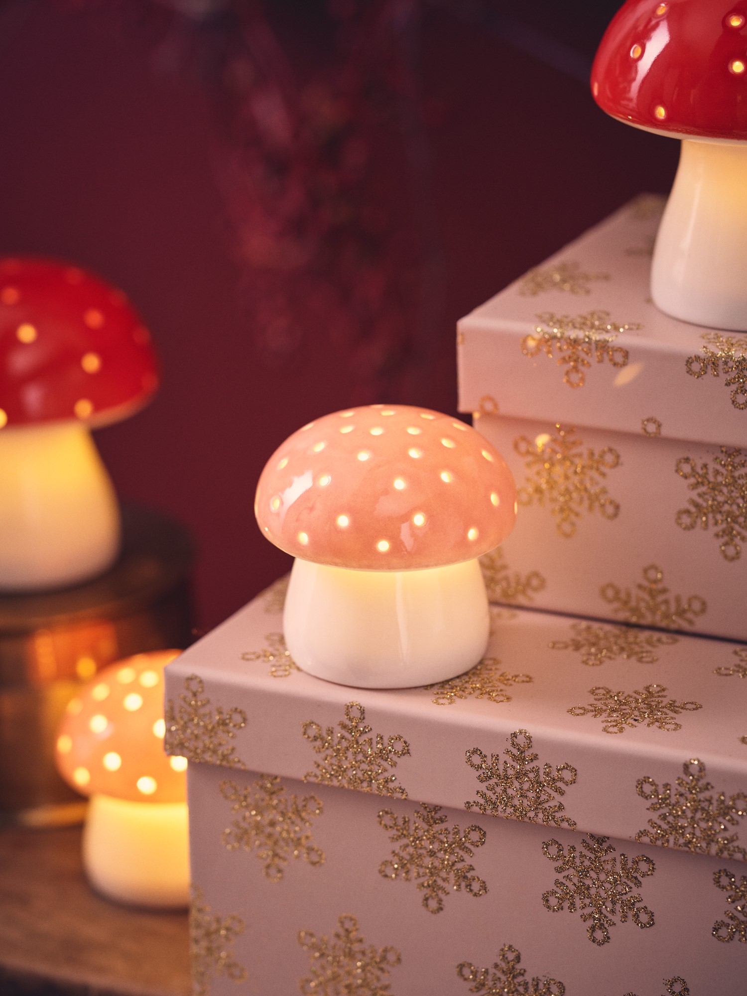Dekorativ svamp med LED | Porcelæn. 6 cm. | Red