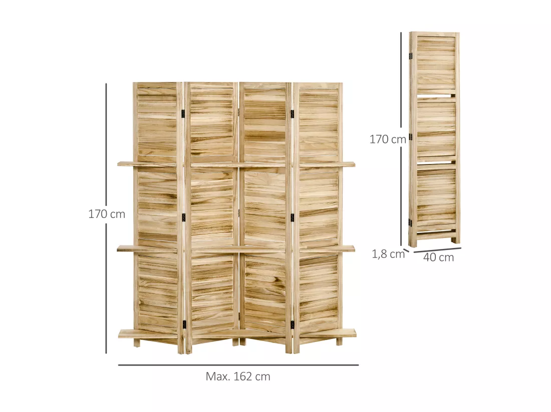 Paravent intérieur 4 panneaux 3 étagères pliables séparateur de pièce portes persiennes bois de paulownia aspect pin autoclave