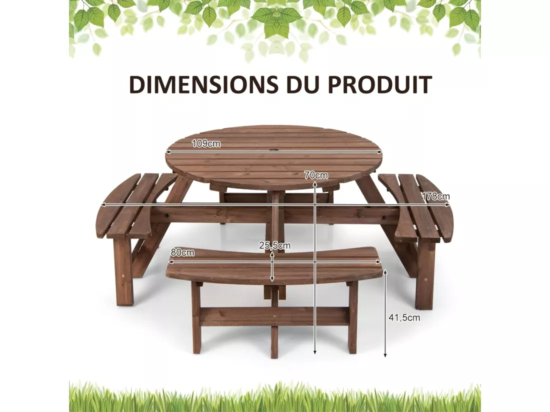 Ensemble Table de Pique-Nique en Bois avec Trou de Parasol, Set Table et Banc Jardin Résistant aux Intempéries Chaque Banc Charge 225 KG pour 8 Personnes, pour Patio Pelouse