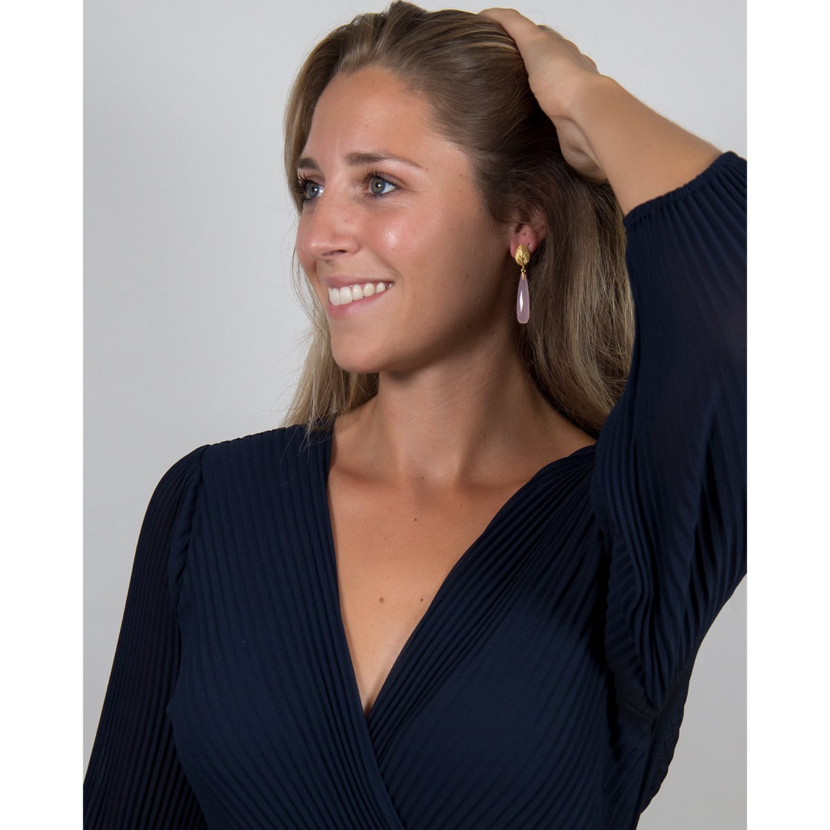 Boucles d'Oreilles Quartz Rose en Argent 925 avec Feuille Dorée à l'Or Fin | Aden Boutique