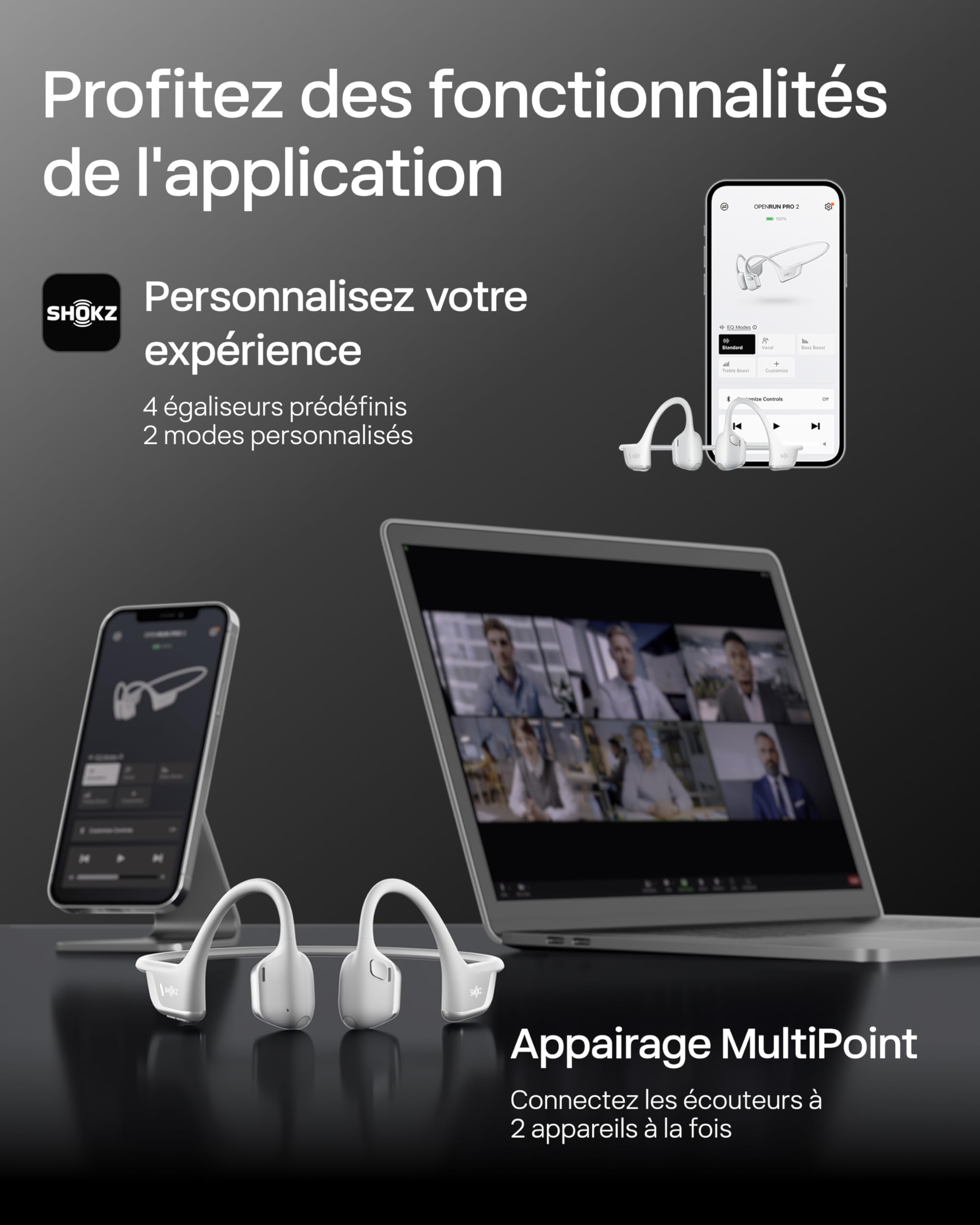 SHOKZ Casque à Conduction Osseuse OpenRun Pro 2 Mini, Écouteurs sans Fil Bluetooth 5.3, Microphones Réducteurs de Bruit, Étanchéité IP55, 12h d’Autonomie, Charge Rapide USB-C, Argent