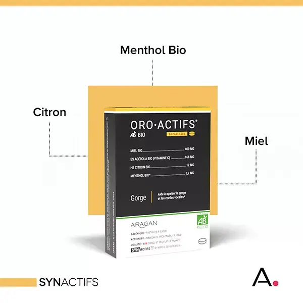 Aragan - Synactifs - Oroactifs® BIO - Dor de garganta - Mel, Mentol - 24 pastilhas