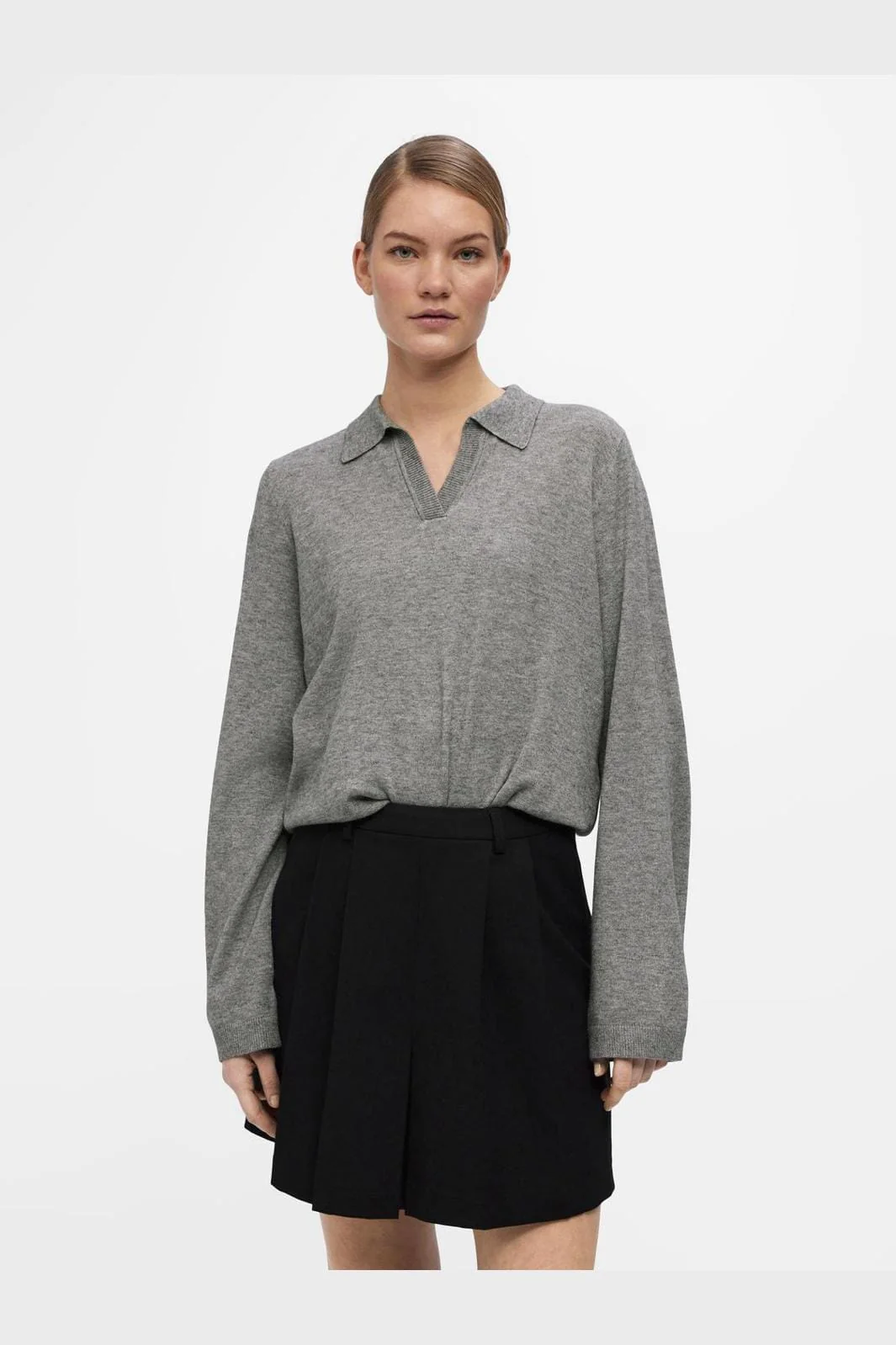 Object Objthess L/S V-Neck Knit Polo 4461694 medium grey melange