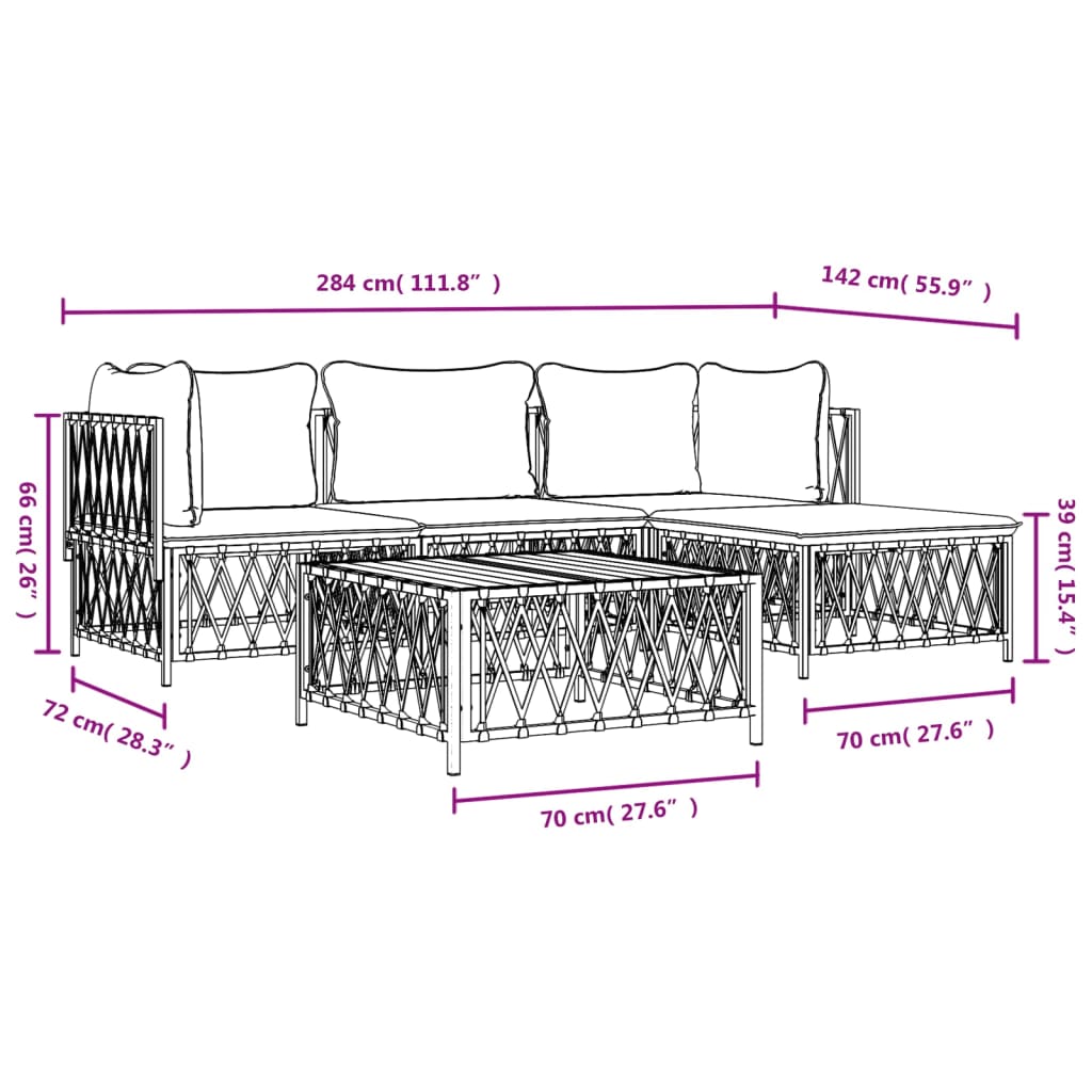 Salon de jardin meuble d'extérieur ensemble de mobilier 4 pièces avec coussins blanc acier