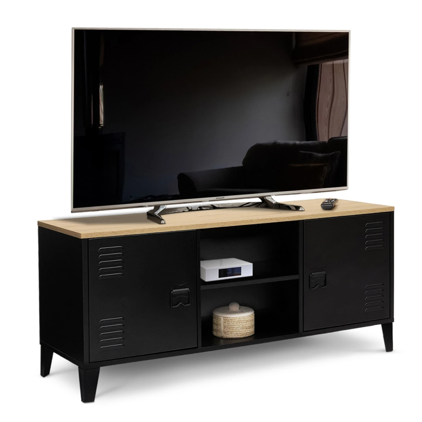 Meuble TV 113 cm ESTER 2 portes métal noir et plateau bois design industriel