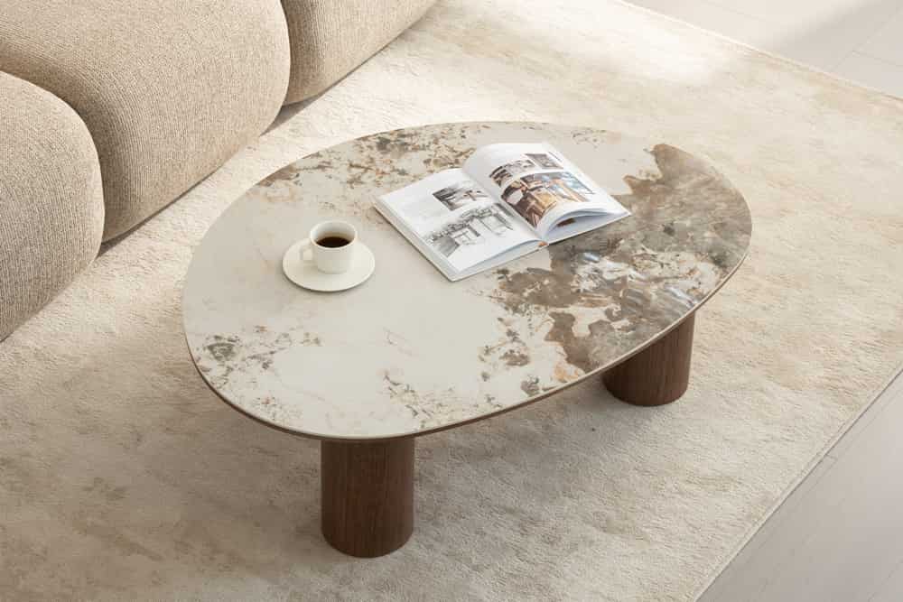 Stilvoller Couchtisch ORGANIKO 110cm weiß braun Walnuss Pandora Keramik